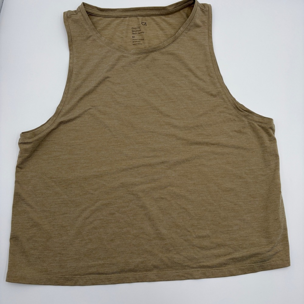 (2) GapFit Women Medium Brushed Tech Jersey Muscle Tank Top Green Tan Athleisure - Picture 3 of 7